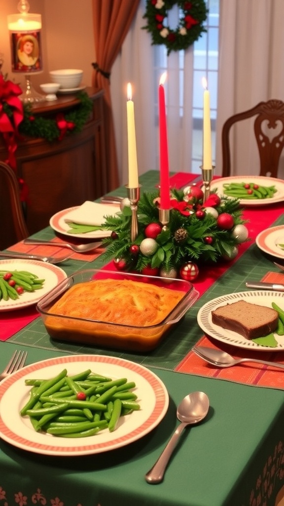 A vintage Christmas table setting with green bean casserole, fruitcake, and festive decorations.